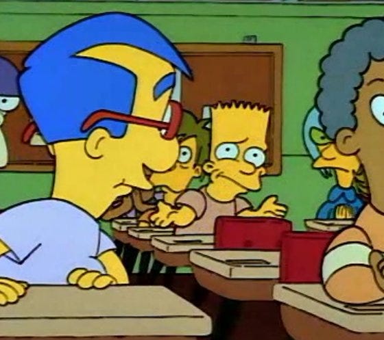 Milhouse looking at Bart, who is shrugging