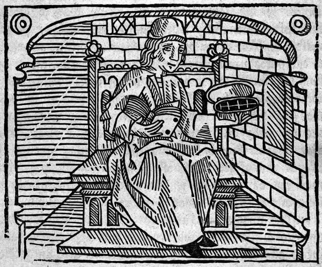 Composite image of a physician (represented by hat, robes, chair and book) and an apothecary (represented by medicine box).