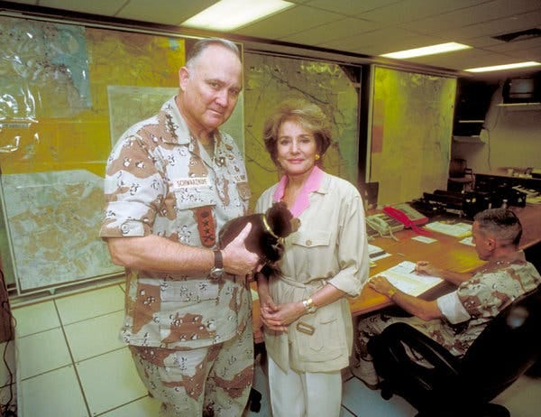 Ms. Walters in March 1991 with Gen.  H. Norman Schwarzkopf, who had led a coalition of forces in the Persian Gulf war months earlier. 