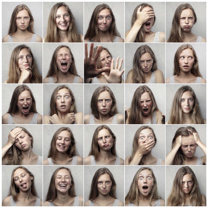 The same woman in a grey t-shirt making different types of emotional faces in 25 different boxes. These range from happy, surprised, shocked, all the way to frustrated and angry.