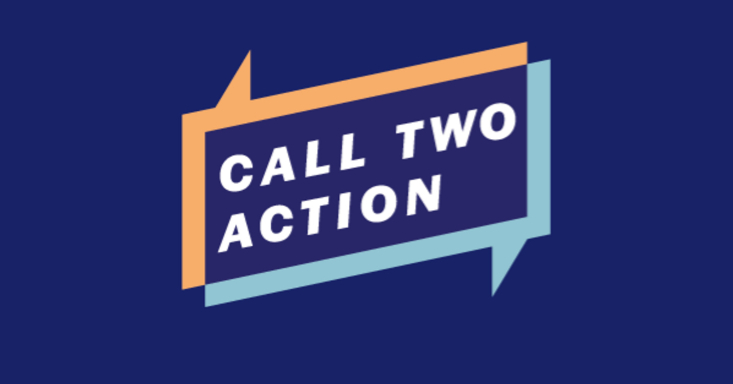 Two overlapping talk bubbles on a blue background. Text within them reads call two action.