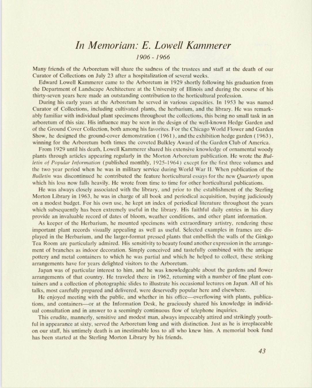 Page with the header "In Memorium: E. Lowell Kammerer 1906-1966" followed by an obituary that focuses on his work at the Arboretum.