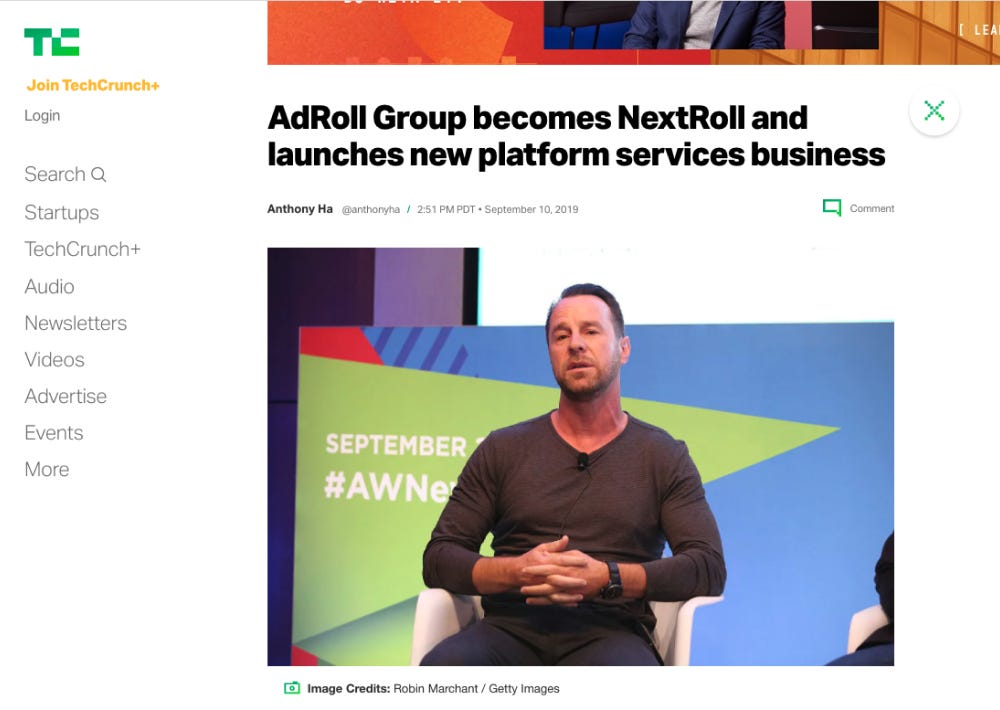 Screenshot of a TechCrunch article about AdRoll group launching NextRoll