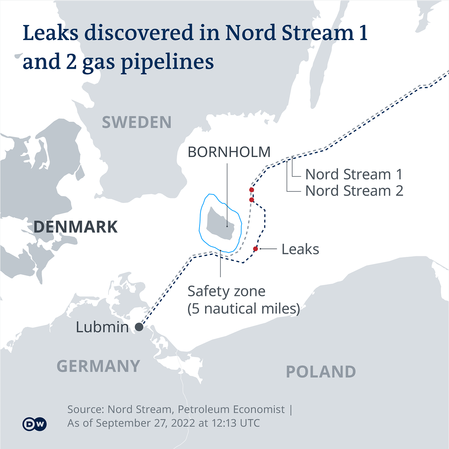 Map showing the areas where the nordstream 1 and 2 pipelines have leaked