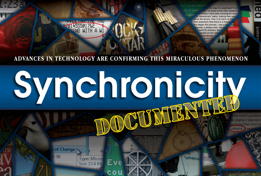 Cover art for Synchronicity, Documented, that uses a network of lines that intersect a variety of images used in the book