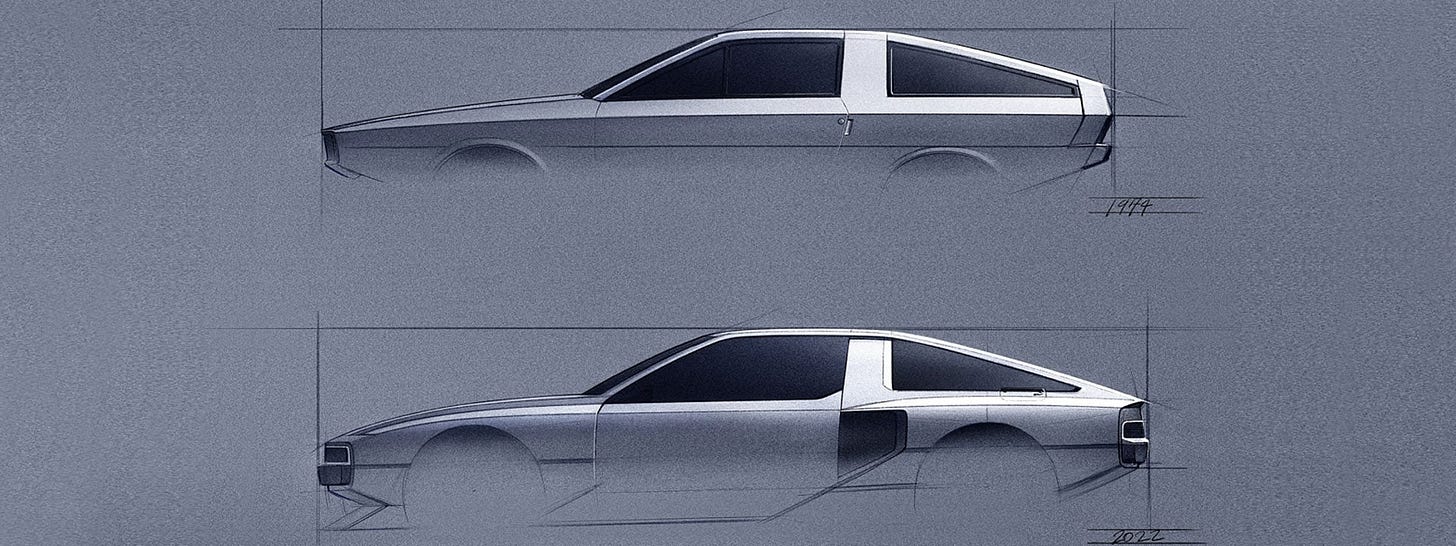 A sketch image showing the inspiration the Hyundai Pony Coupe has provided for the Hyundai N74 Coupe Concept. In the style of a Giugiaro side elevation sketch.