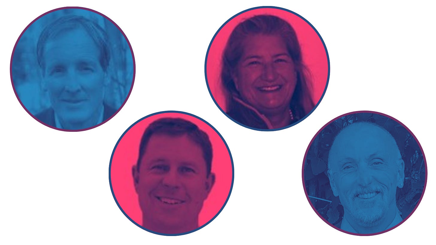 Mugshots of all four candidates appear in blue and red tinted circles, according to their party affiliation.