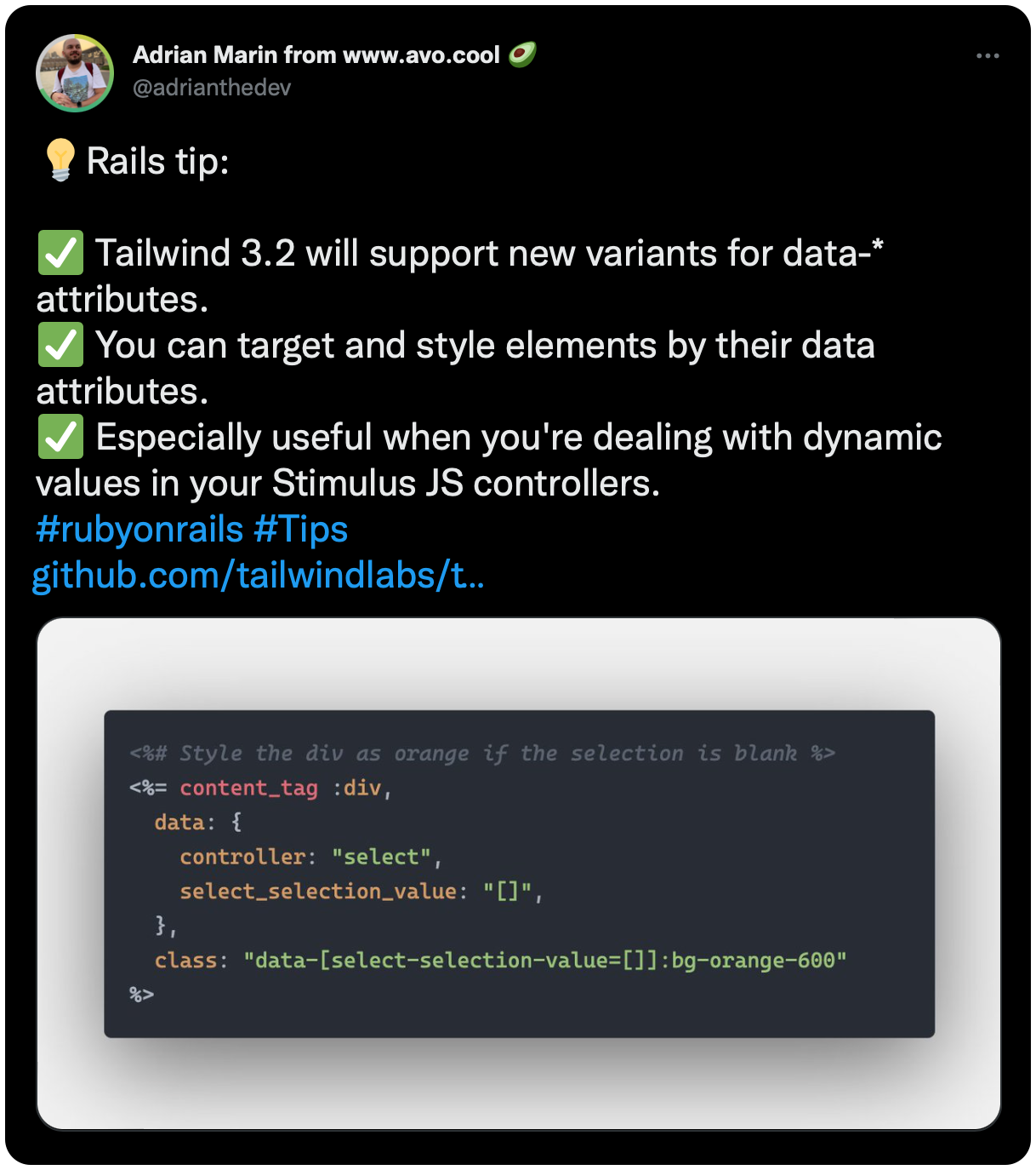 💡Rails tip: ✅ Tailwind 3.2 will support new variants for data-* attributes. ✅ You can target and style elements by their data attributes. ✅ Especially useful when you're dealing with dynamic values in your Stimulus JS controllers. #rubyonrails #Tips