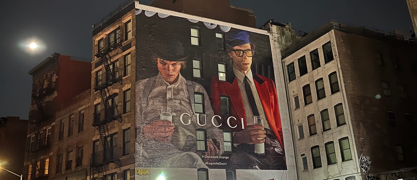 Picture of "A Clockwork Orange" themed Gucci advertisement mural in SoHo unrelated to the contents of the Substack