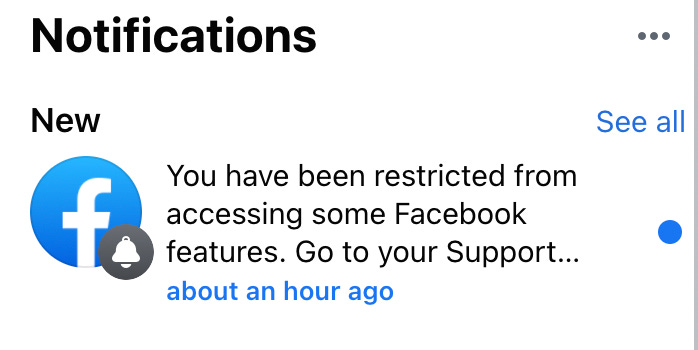 Black font on a white background says “Notifications” at the top. Then below that next to a Facebook icon, it reads: “You ahve been restricted from accessing some Facebook features. Go to your Support…” Beneath that is a time notification in blue that says “about an hour ago”.