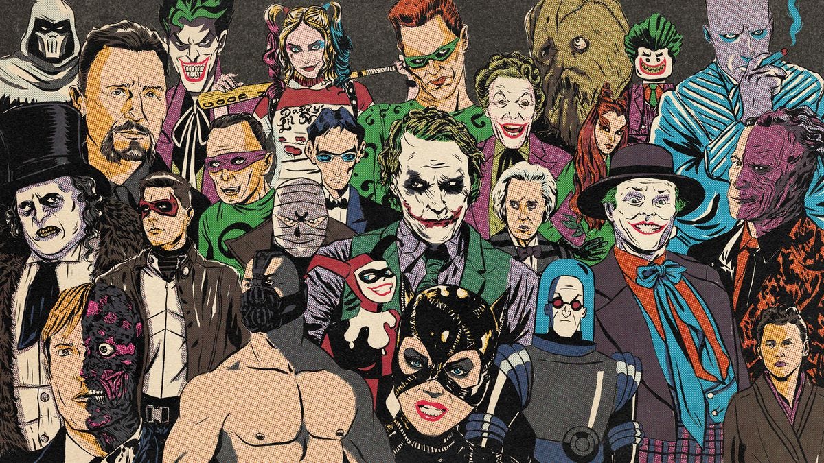 Comic book style of popular Batman villains from several mediums.