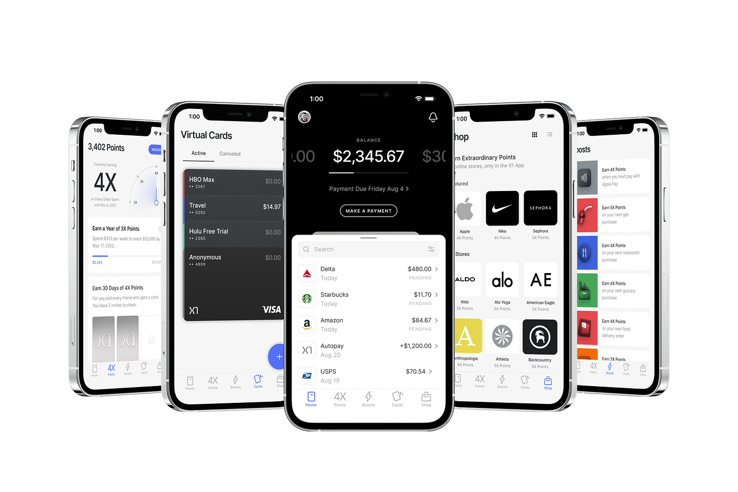 The mobile interface for X1's credit card app