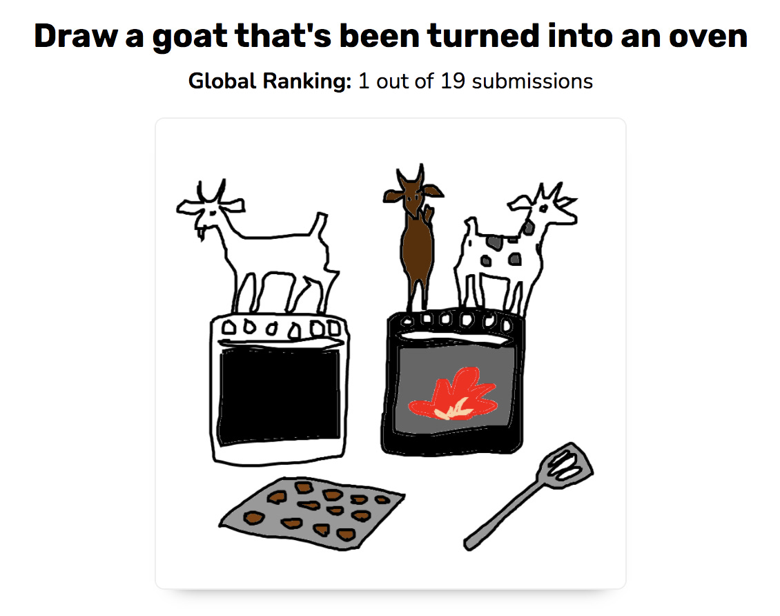 Draw a goat that's been turned into an oven. Global ranking: 1 out of 19 submissions. Sketch is of three goats standing on two ovens, a cookie sheet and a spatula nearby.