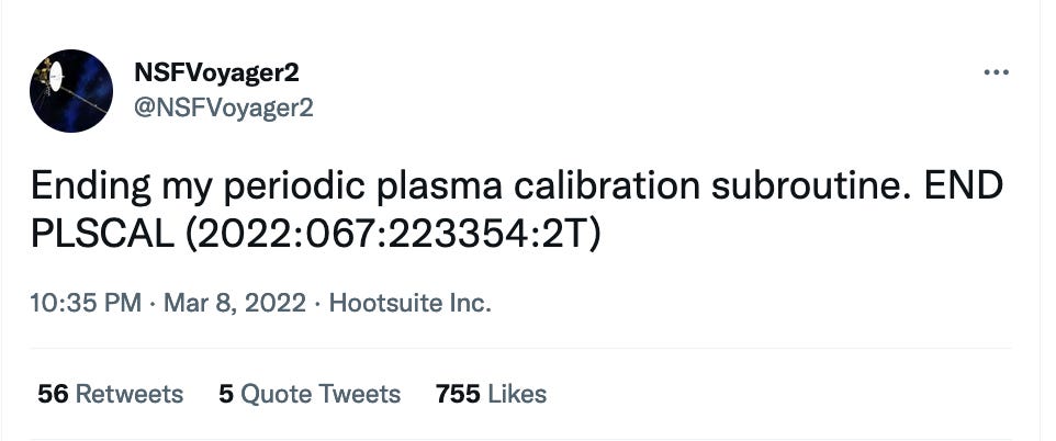 screenshot of a tweet, "Ending my periodic plasma calibration"