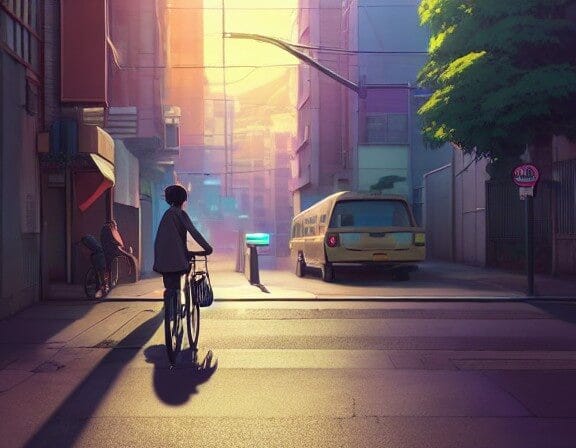 Bicycle on a street corner, Makoto Shinkai, - AI image generated from an AI text prompt