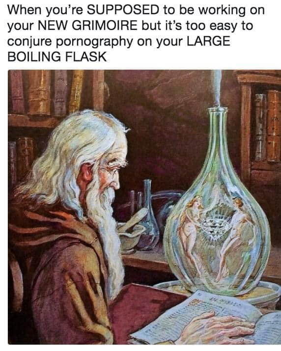 May be an image of text that says 'When you're SUPPOSED to be working on your NEW GRIMOIRE but it's too easy to conjure pornography on your LARGE BOILING FLASK 1E'