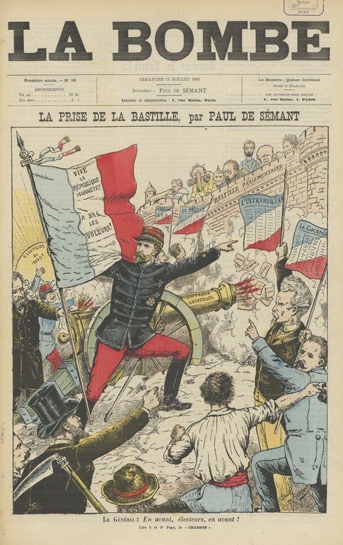 Charge de Boulanger atacando a “Bastilha Parlamentar”, uma referência a um dos eventos fundadores da Revolução Francesa, que havia ocorrido 100 anos antes da eleição do General. Lemos na bandeira francesa: “Viva a Republica Honesta! Abaixo os Ladrõe…