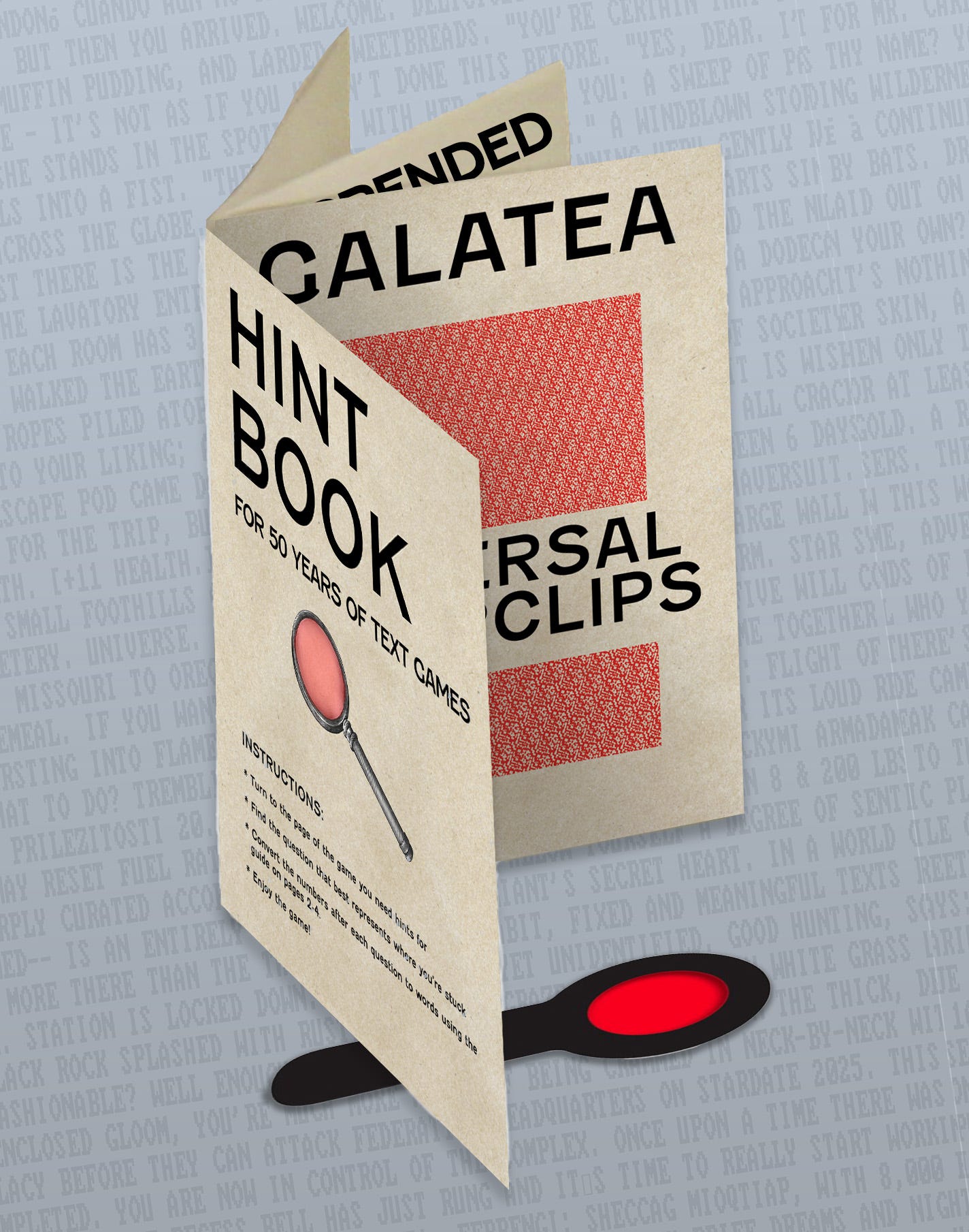 Hint book zine showing hints obfuscated by red pattern.