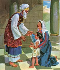1 Samuel 1:24 - "And when she had weaned him, she took him up with her, with three bullocks, and one ephah of flour, and a bottle of wine, and brought him unto the house of the LORD in Shiloh: and the child was young."