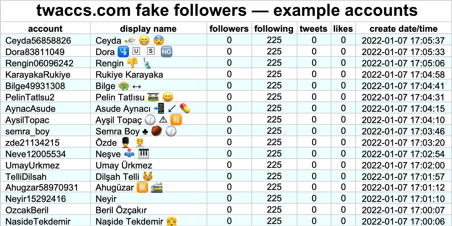 examples of the fake followers of the accounts sold by twaccs.com