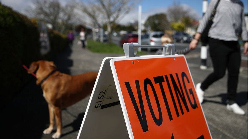 A sign with the word 'voting' on it directs voters to a polling booth in New Zealand