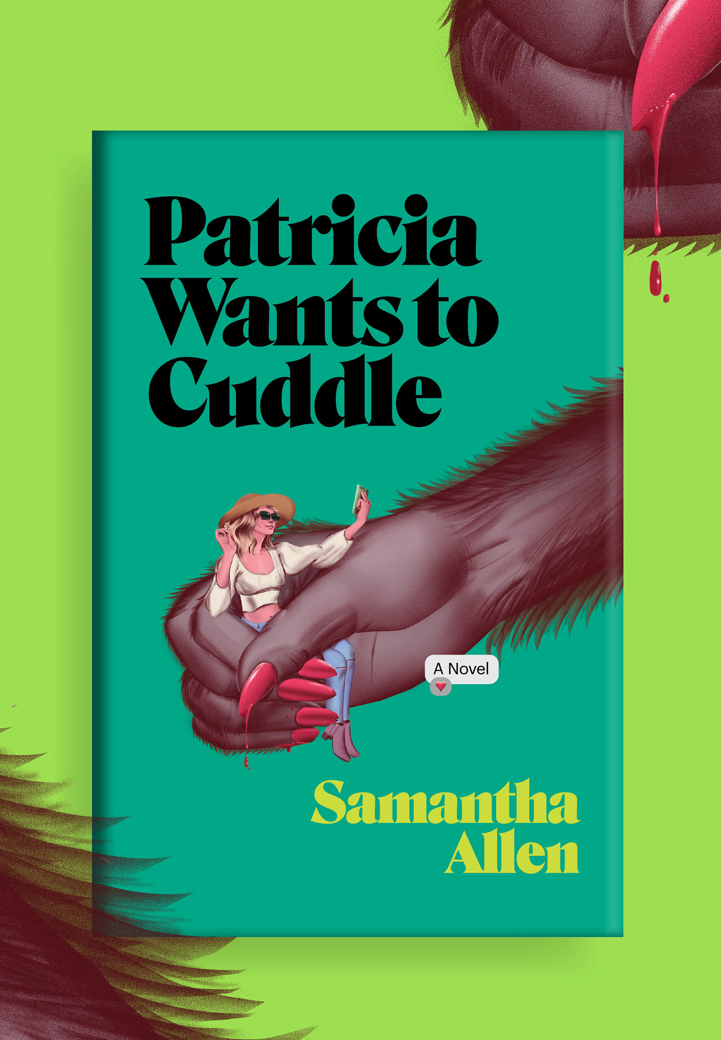 The cover of Patricia Wants to Cuddle. Against a mint green backdrop, an influencer is clutched in a large ape's hand with dripping red fingernail polish.