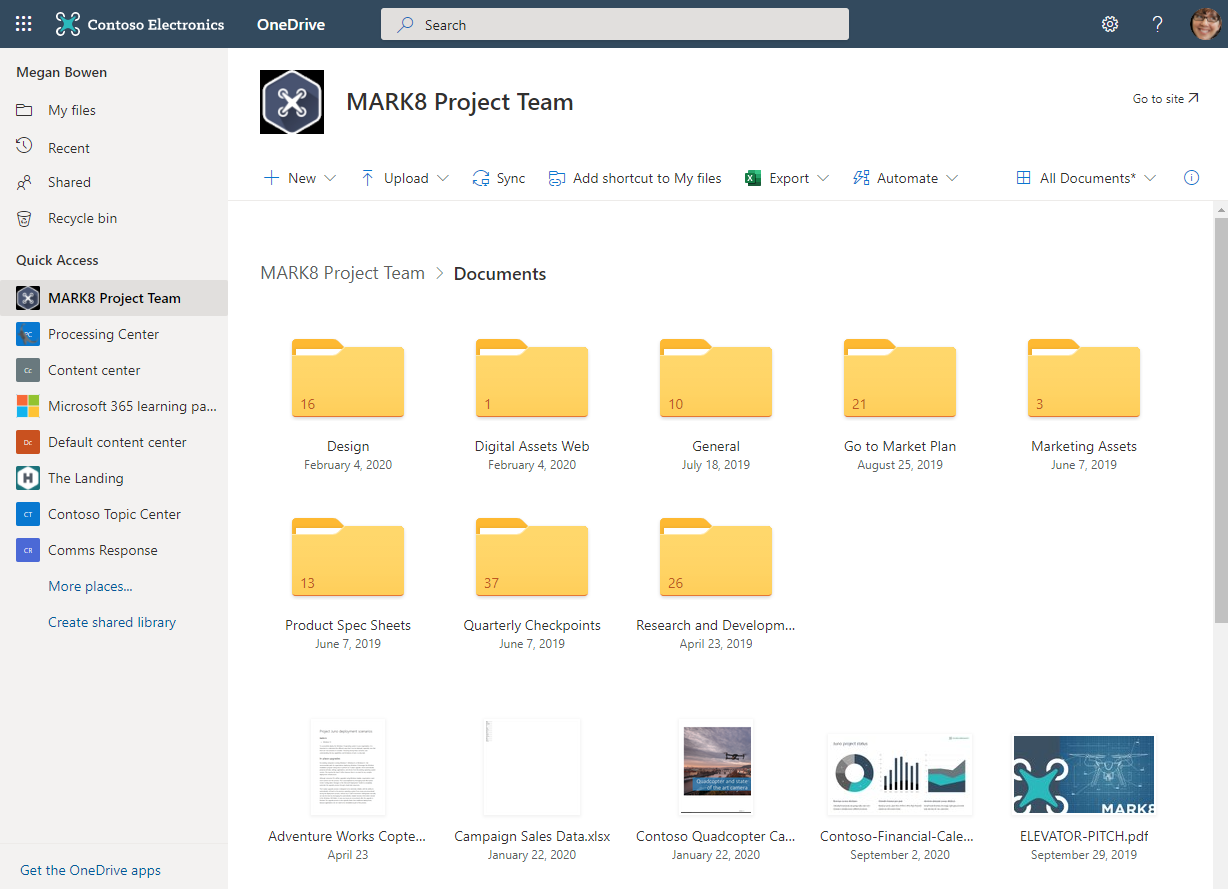 Megan Bowen work files and folders within her Contoso Inc. OneDrive work account.