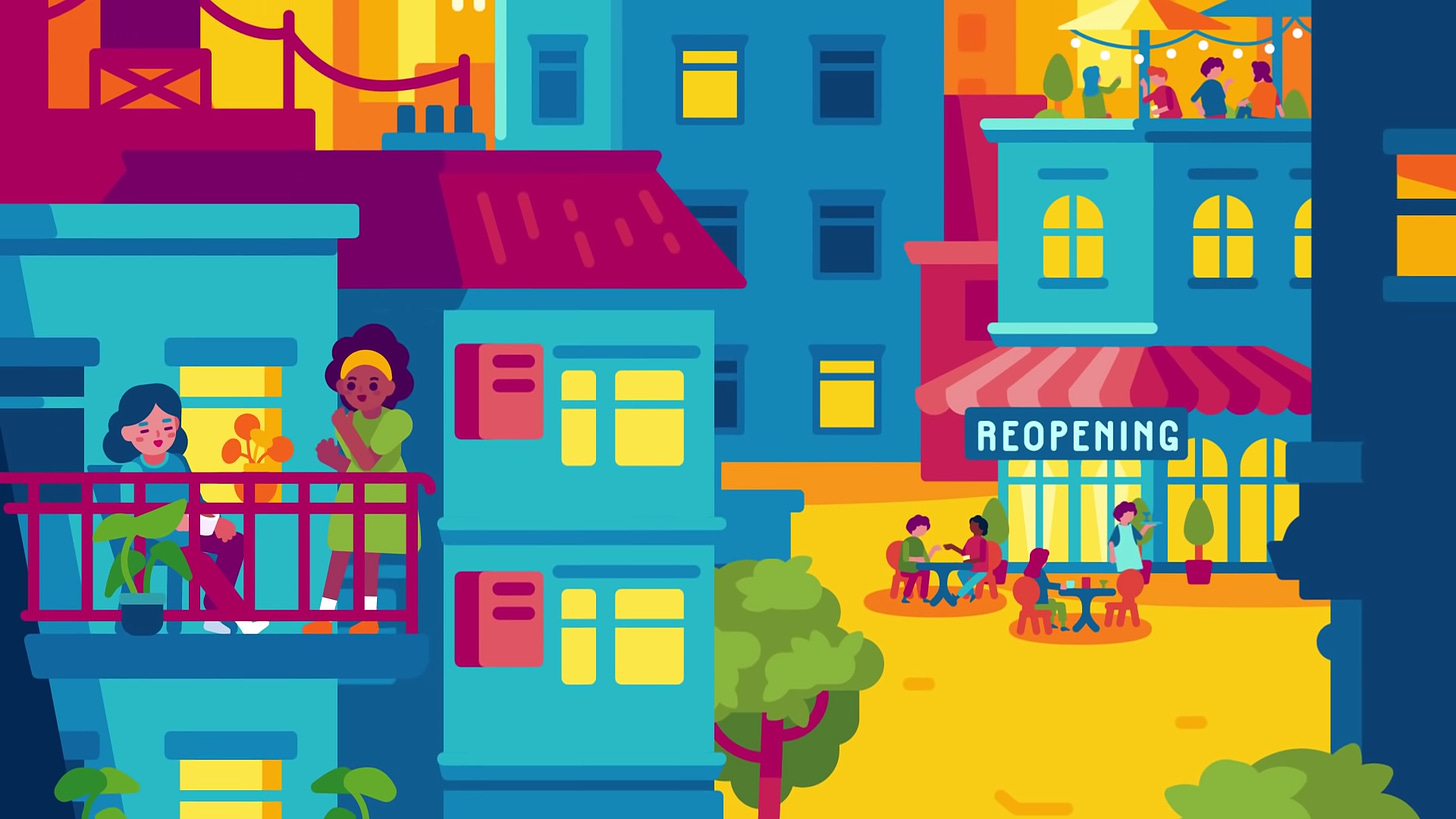 A screenshot of the YouTube video described below. A colorful, animated scene with two women talking on a balcony in the foreground and a cafe scene in the background, in what looks like a dense city.