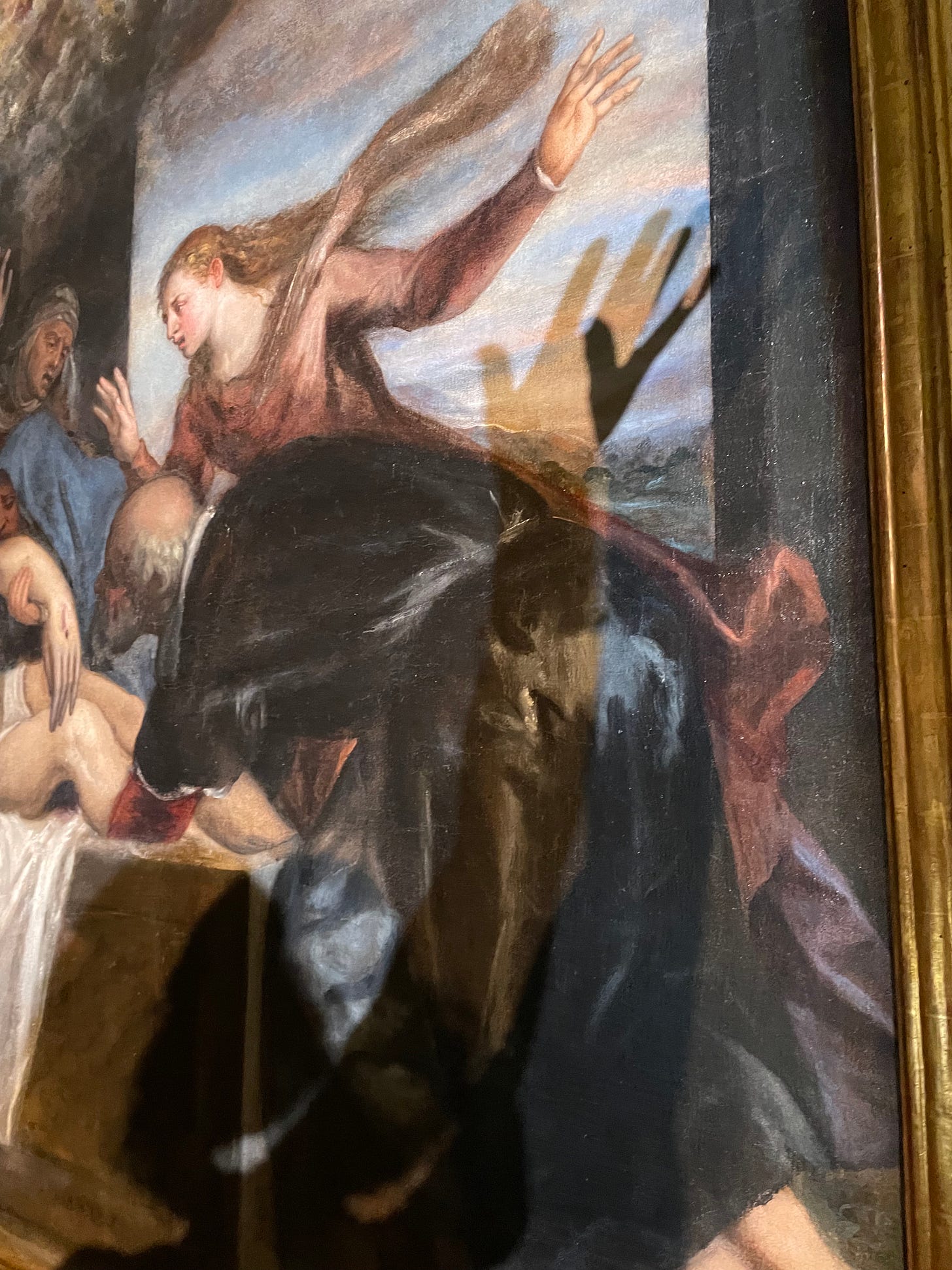 A painting of a woman with her arm in the air, with the shadow of a real person's arm overlaid