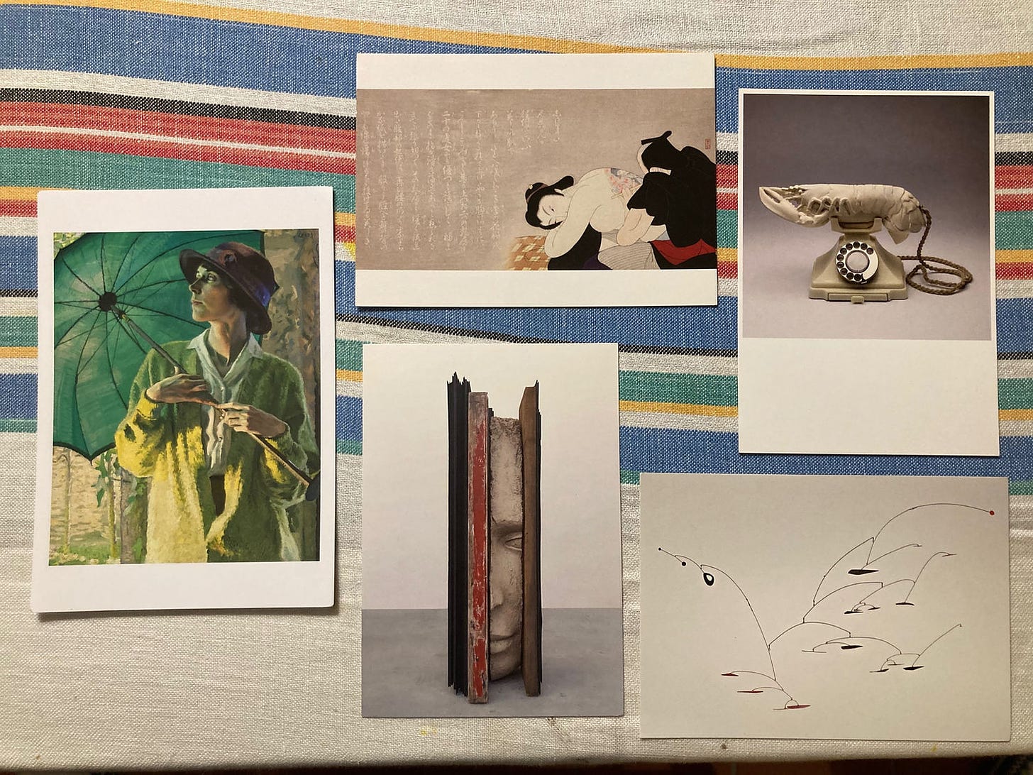 Clockwise, starting with the lady in green: William John Leech, the Sunshade, c. 1913 (From the National Gallery Ireland, in Dublin, which I visited just after the Zen retreat)  Komura Settai, Tattoo artist at work, 1938  Salvador Dalí, White aphrodisiac telephone, 1936  Alexander Calder, Suspended Composition of Small Leaves (Four Red Spots), 1947  Mark Manders, Large Composition with Red, 2017