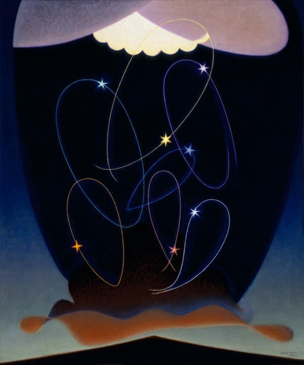 Agnes Pelton&rsquo;s &ldquo;Orbits&rdquo; (1934), at the Whitney Museum of American Art, shows the artist&rsquo;s arsenal of stars on lariats, vessel shapes and a horizon &mdash; a sense of Disney-like animation, and wit.