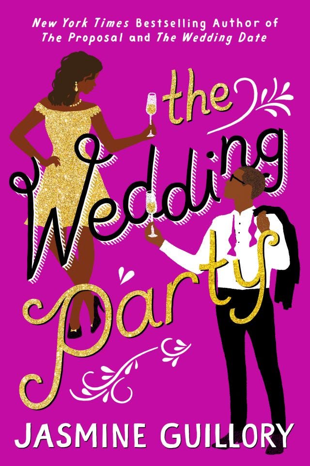 Cover of THE WEDDING PARTY, pink background, woman in a sparkly dress holding champagne, man in a tux also holding champagne