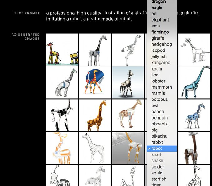 Text prompt is "A professional high quality illustration of a giraffe imitating a robot, a giraffe made of robot."There are a bunch of surprisingly competent robot giraffes - segmented, metallic, giraffe-shaped.Other options for "robot" include isopod, eel, pikachu, octopus, etc.
