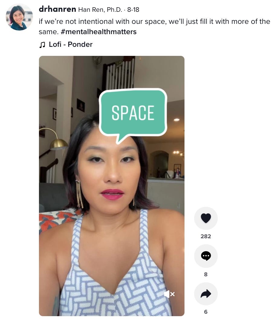 TikTok by @drhanren captioned: if we're not intentional with our space, we'll just fill it with more of the same. #MentalHealthMatters