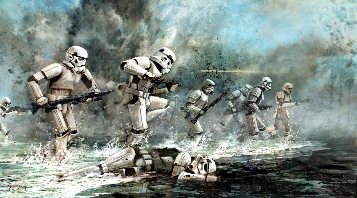 Stormtroopers advancing in water over the bodies of other Stormtroopers