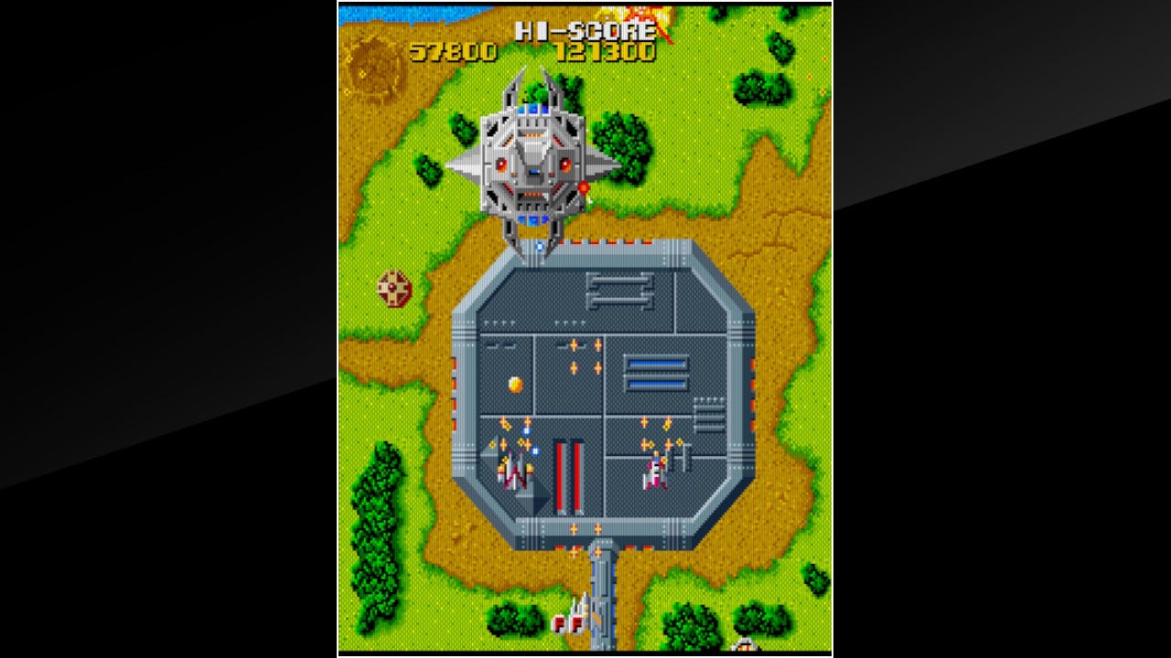 A screenshot of a boss fight in Terra Cresta, featuring a three-ship formation