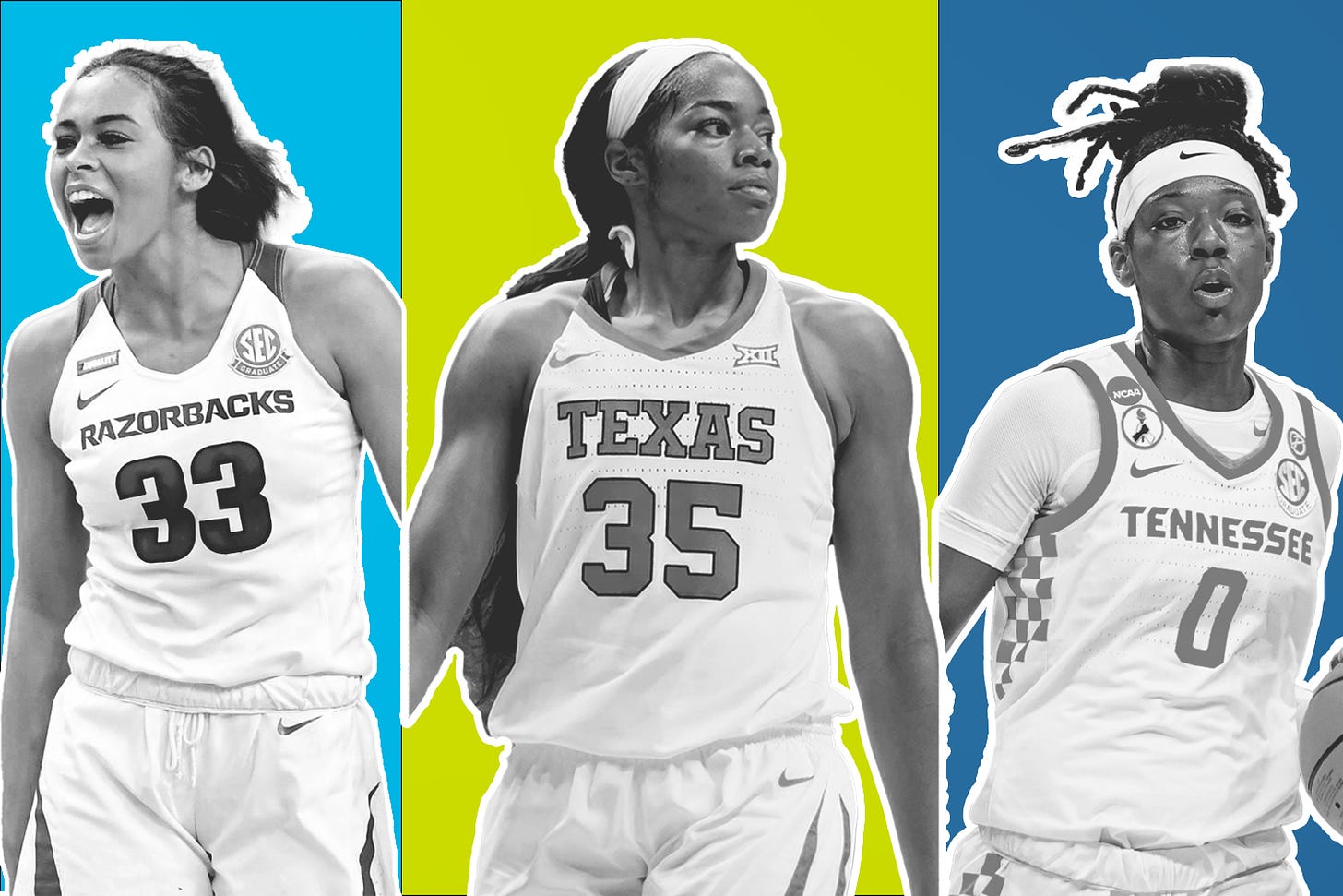 A graphic of Chelsea Dungee, Charli Collier, and Rennia Davis. Graphic by Gabe Ibrahim. Collier photo credit: Shawn Millsaps. Davis Photo Credit: Carmen Mandato. Dungee photo credit: ESPN
