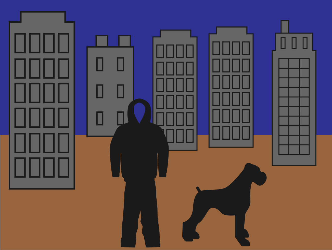 AutoDraw sketch of a man, dog, and some buildings