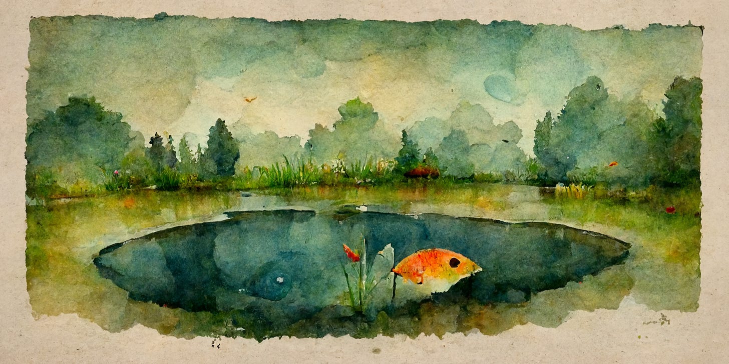 a lonely fish in a big pond watercolor style