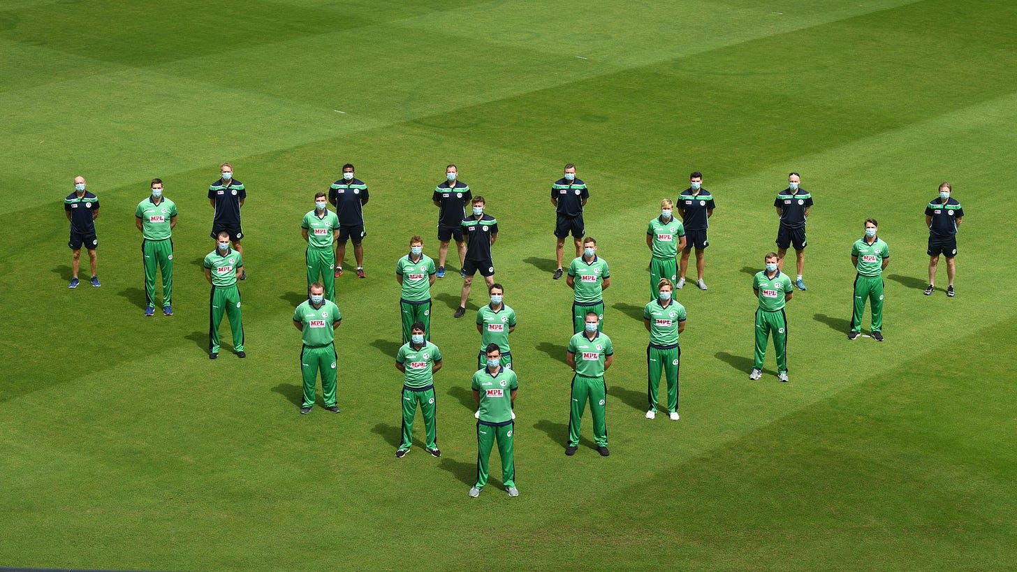 irish cricket players lined up for a socially-distanced team photo irish cricket players lined up for a socially-distanced team photo