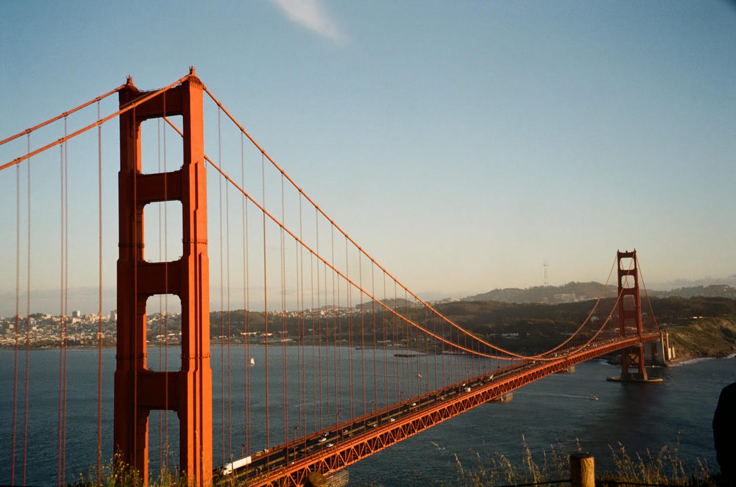 Film picture of the golden gate bridge and the SF skyline