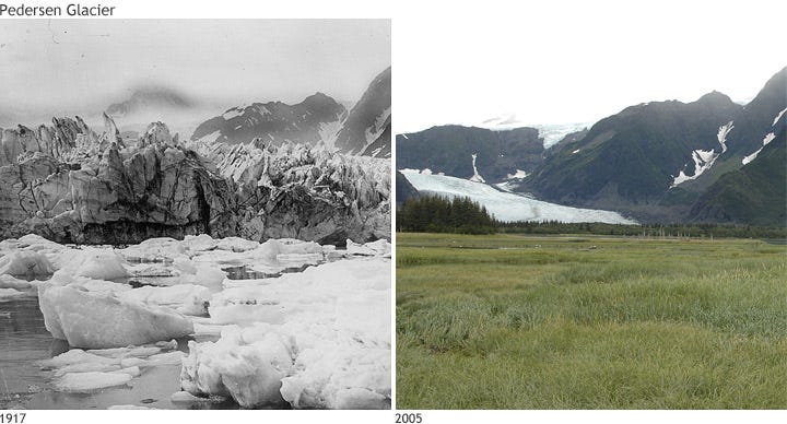 Photo comparison of Alaska's Pedersen Glacier in 1917 and 2005