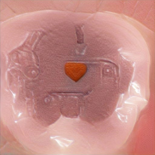 Mostly pink with a small red heart in the center. Dimly visible in the pink behind the heart is a pudgy, pleasant robot face with big cheeks. And maybe a cellophane mane.