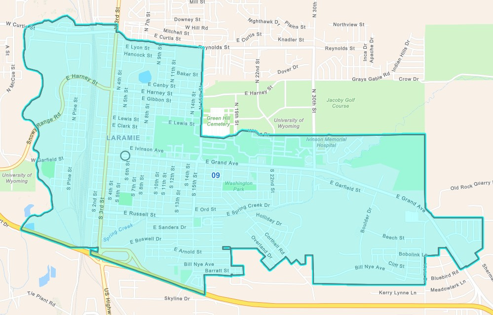 A map of Laramie has Senate District 9 shaded in blue. The District includes the entire western and southern portions of the city.
