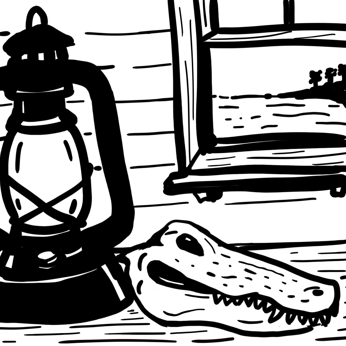 sketch of a hurricane lantern and alligator skull on a store shelf in front of an open window