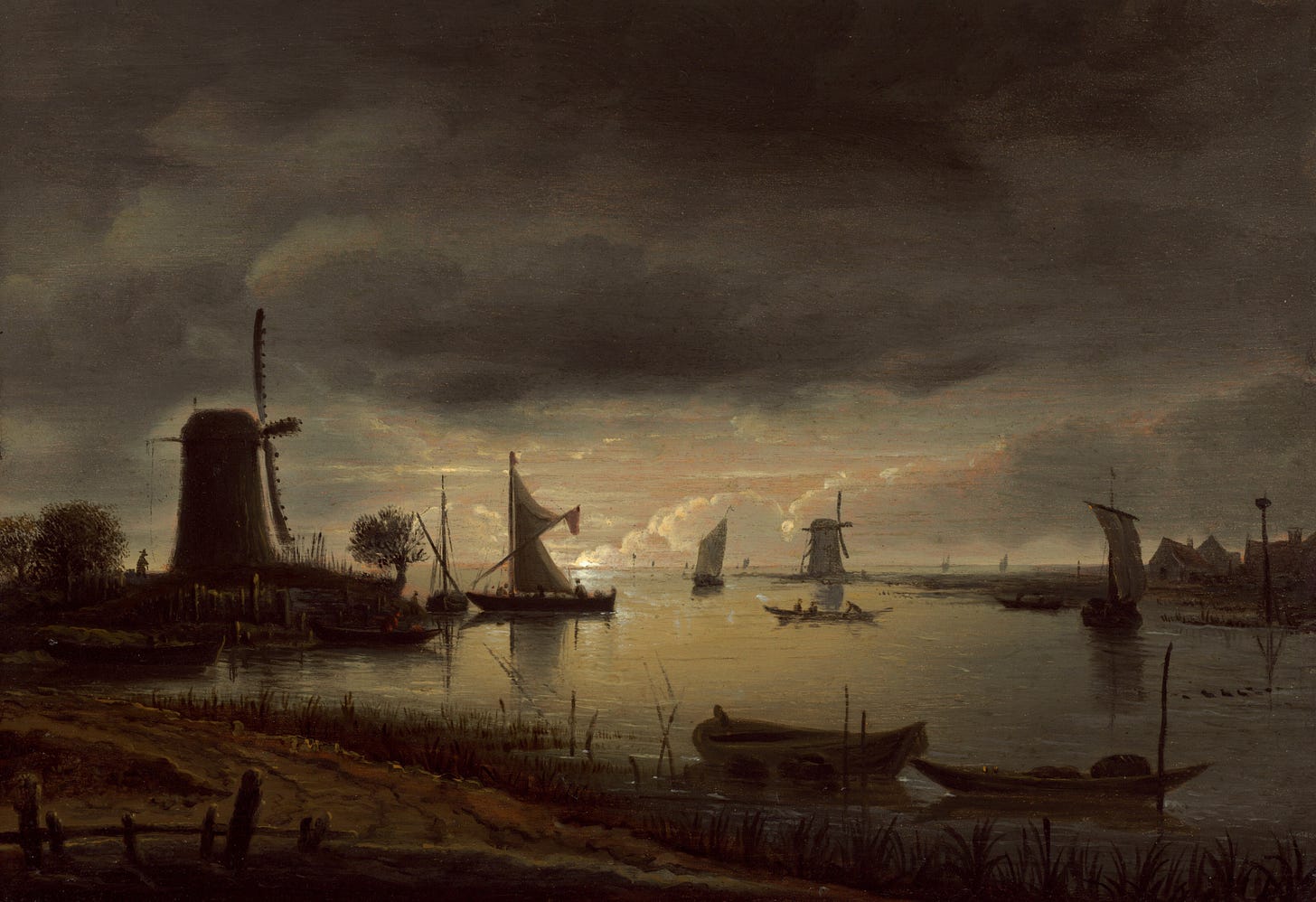 River Scene with Windmill and Boats, Evening, c. 1645 by Anthonie van Borssom