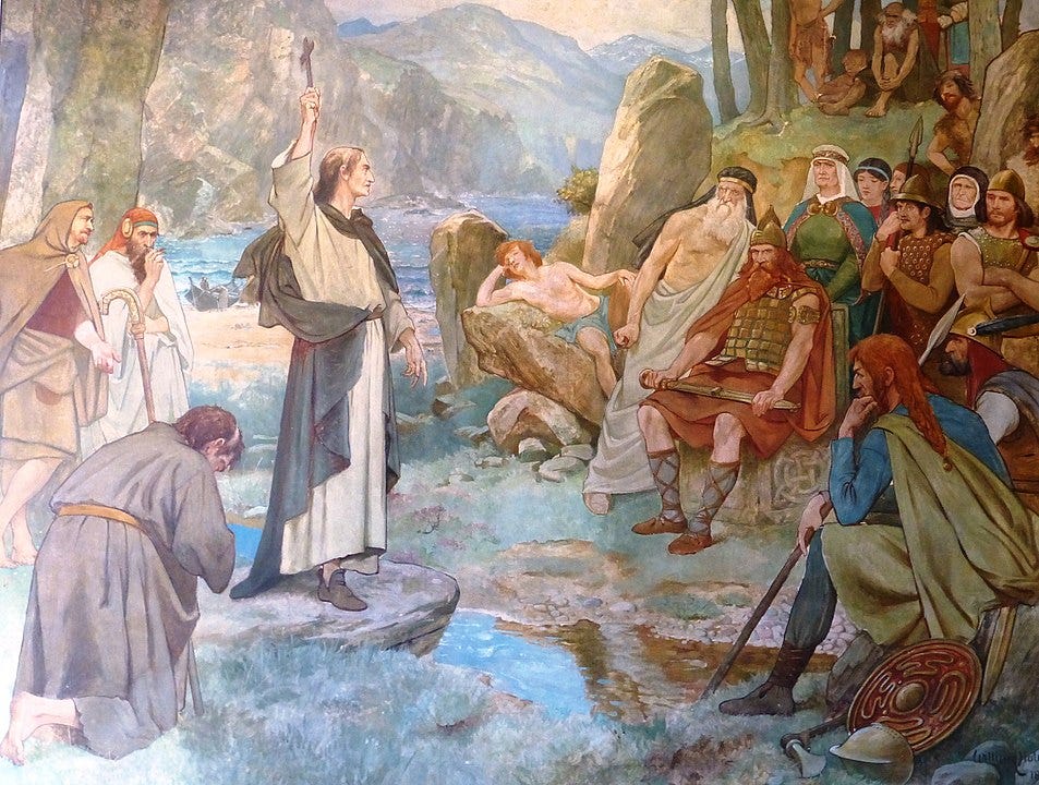 St. Columba Converting the Picts to Christianity.  Reminds me of any number of Middle-Earth paintings by Angus McBride.