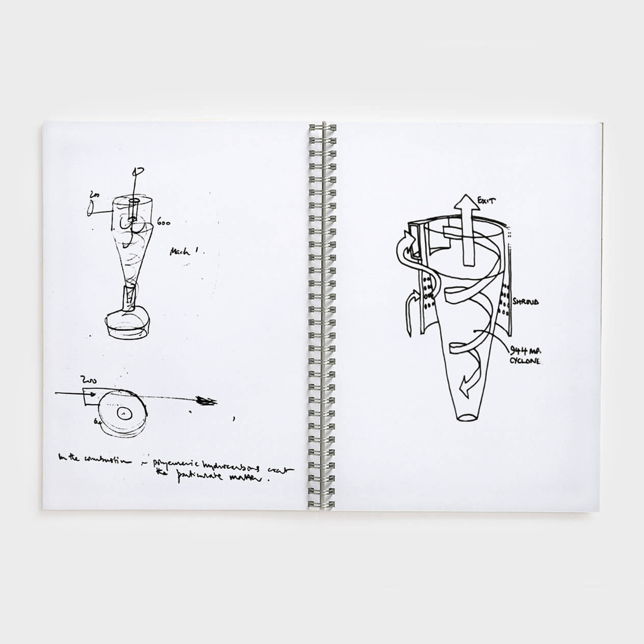 notepad containing sketches of the Dyson cyclonic vacuum cleaner.