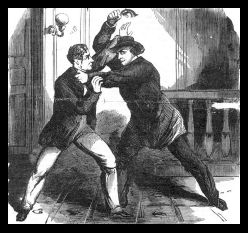 Black and white sketch depicting Powell attaching Frederick Seward.