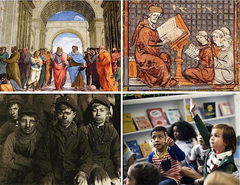 The history of childhood and education in Western civilization has evolved significantly over the last 2000 years, from no education to child labor to formal schools, how exactly did it all change?     Pictured: Top left: The School of Athens, a famous fresco by the Italian Renaissance artist Raphael, with Plato and Aristotle as the central figures in the scene (Jorge Valenzuela A / CC BY-SA 3.0).         Bottom left: Group of child labor boys during the Industrial Revolution (Lewis Hine / Public domain).  